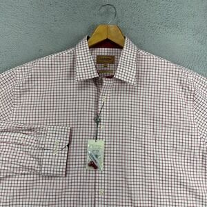 Schoffel Mens Western Dress Shirt 18.5 White Red Check Classic Fit Pocket NEW